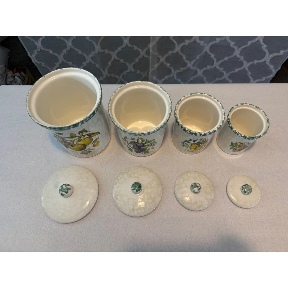 Vintage Himark Italy Ceramic Fruit Canister Set 4 Piece Green Trim Farmhouse